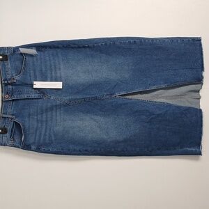 Nicole Miller New York Distressed Front Split Med Blue Denim Skirt Size 8 (NWT)
